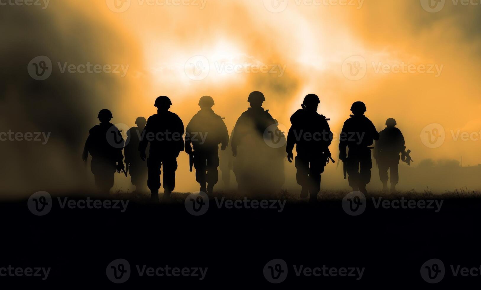 AI generated Battle scene. Military silhouettes fighting scene on war fog sky background. World War Soldiers Silhouettes Below Cloudy Skyline At sunset photo