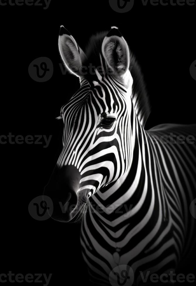 AI generated A monochrome photo of a zebra with a black background