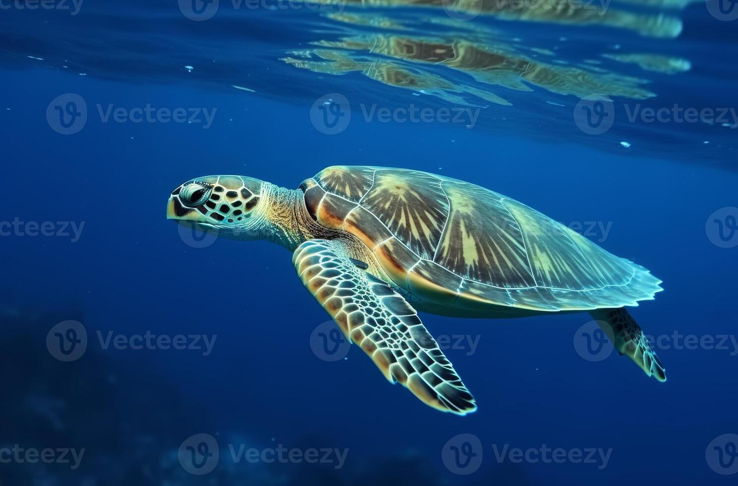 AI generated Sea turtle underwater swimming in the blue sea. Vivid blue ocean with turtle. Scuba diving with wild aquatic animal. photo