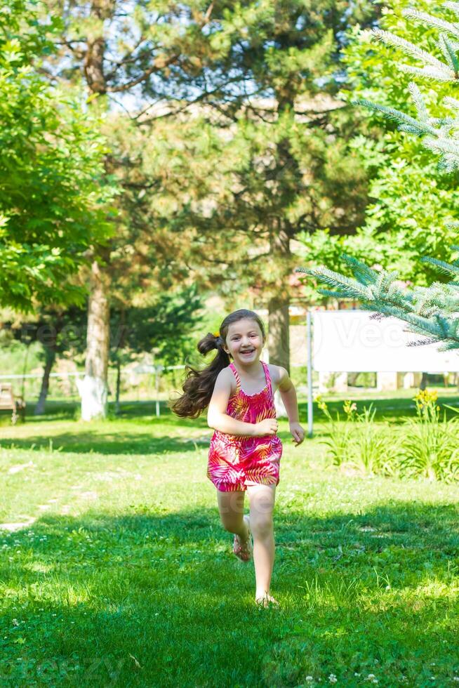 bonito pequeño niña en el naturaleza, niña en verano foto