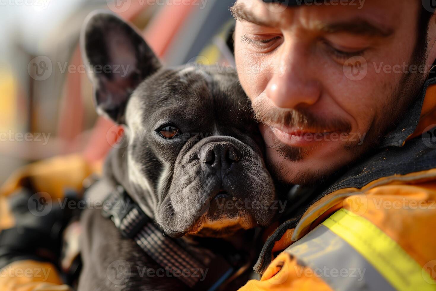 AI generated firefighter with a french bulldog, animal rescue photo