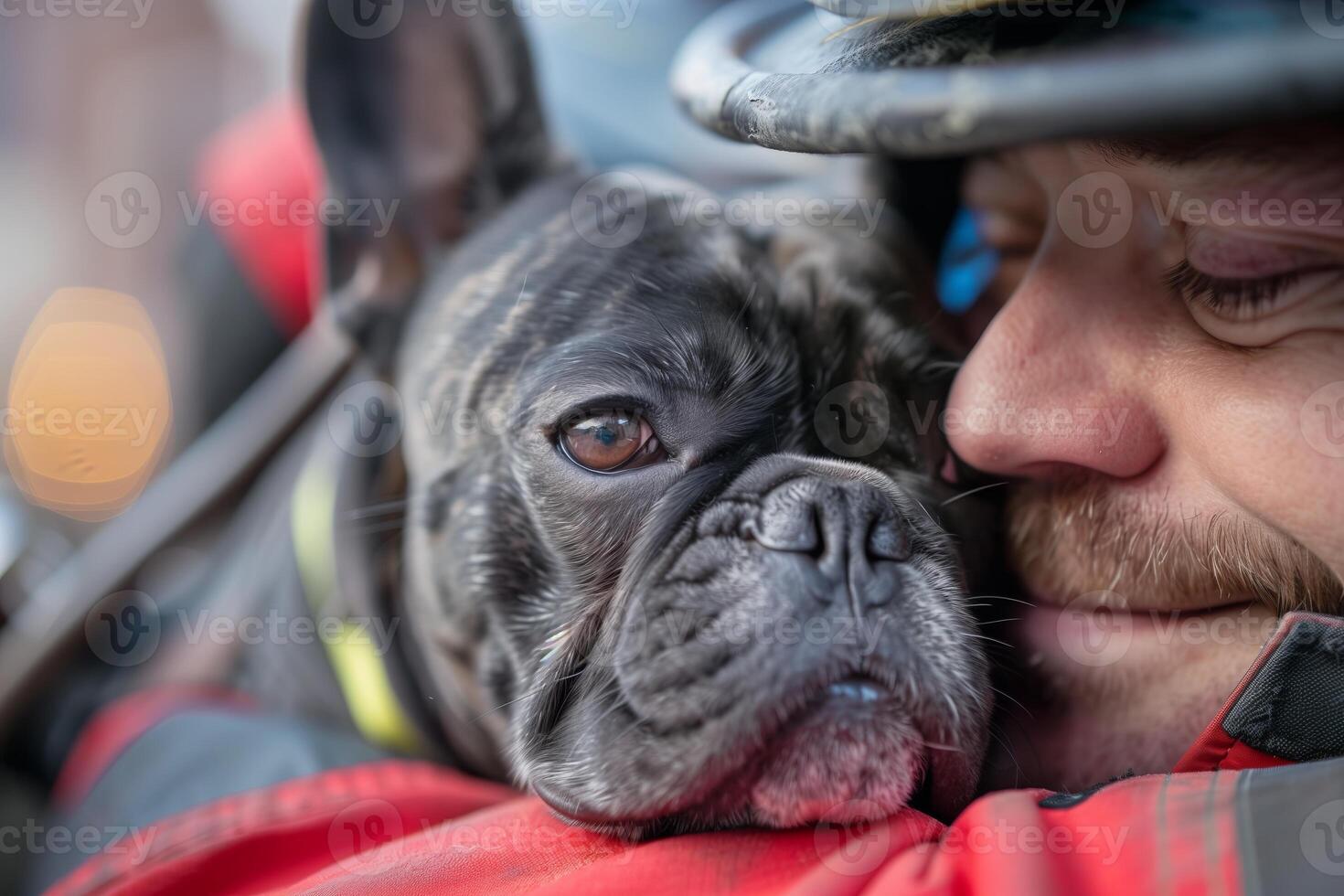 AI generated firefighter with a french bulldog, animal rescue photo