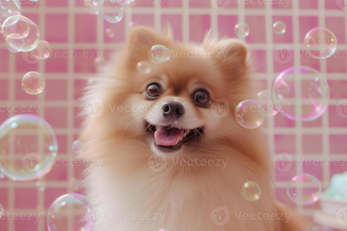 AI generated pomerenian dog with many soap bubbles flying around, pink bathroom tile background, pet grooming business photo
