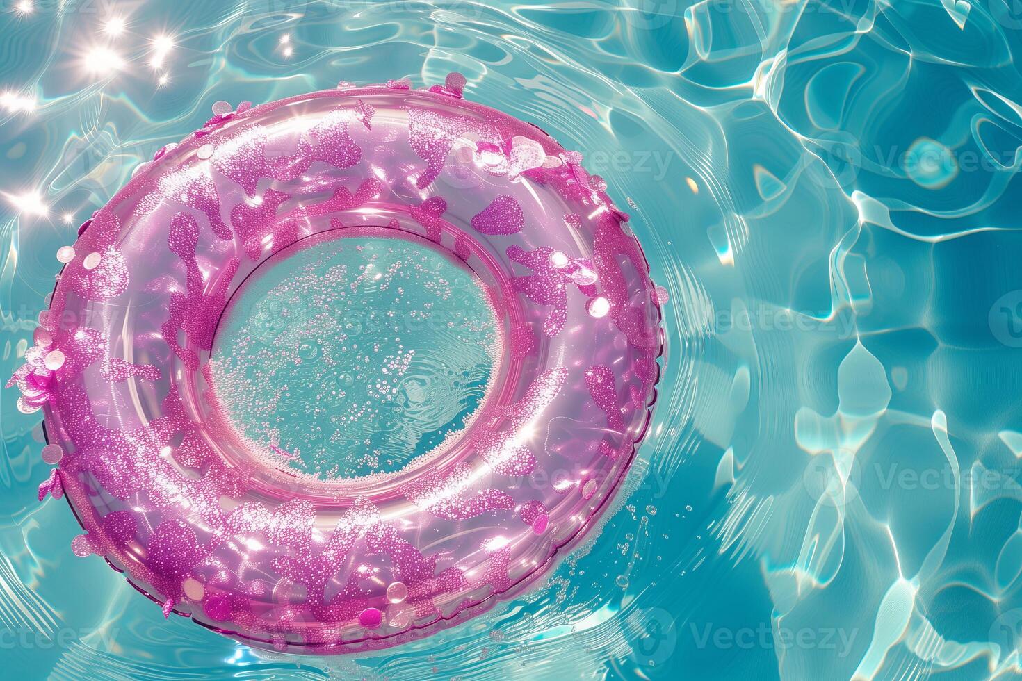 AI generated pink glitter pool float in a beautiful turquoise swimming pool photo
