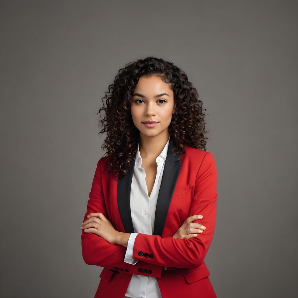 AI generated A confident young woman in a red blazer and white shirt, folding her arms. photo