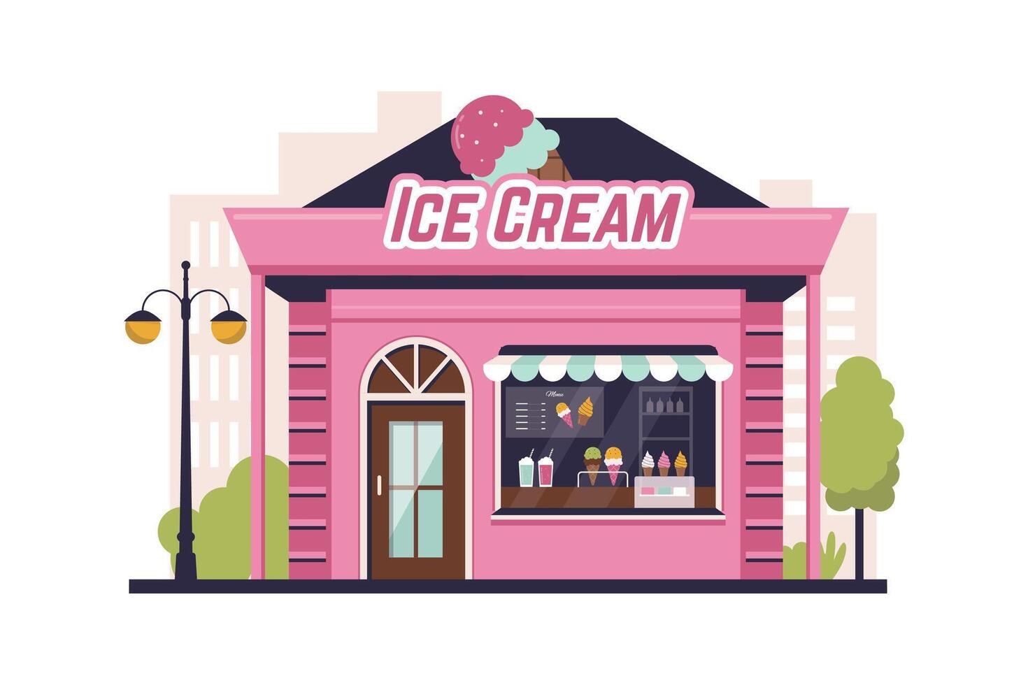 plano ilustración de hielo crema tienda edificio vector