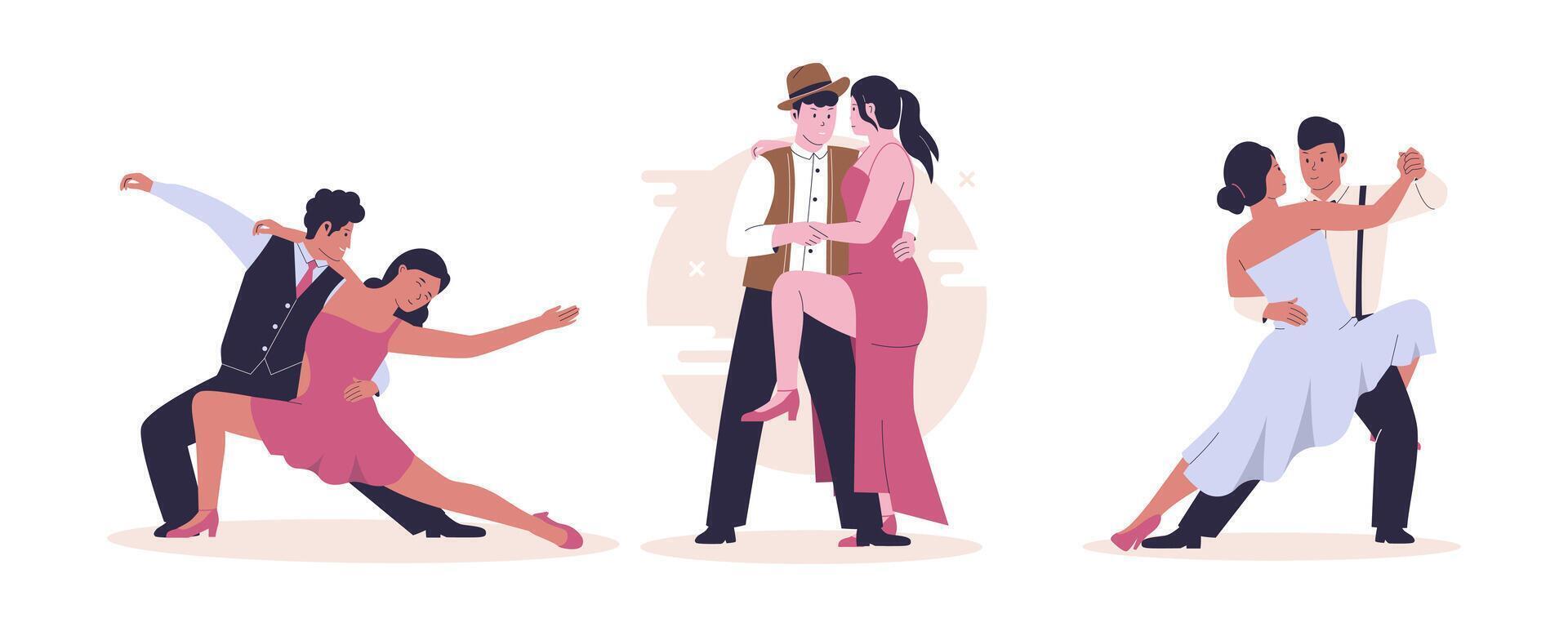 Pareja bailes colección colocar, hombre y mujer romántico danza vector