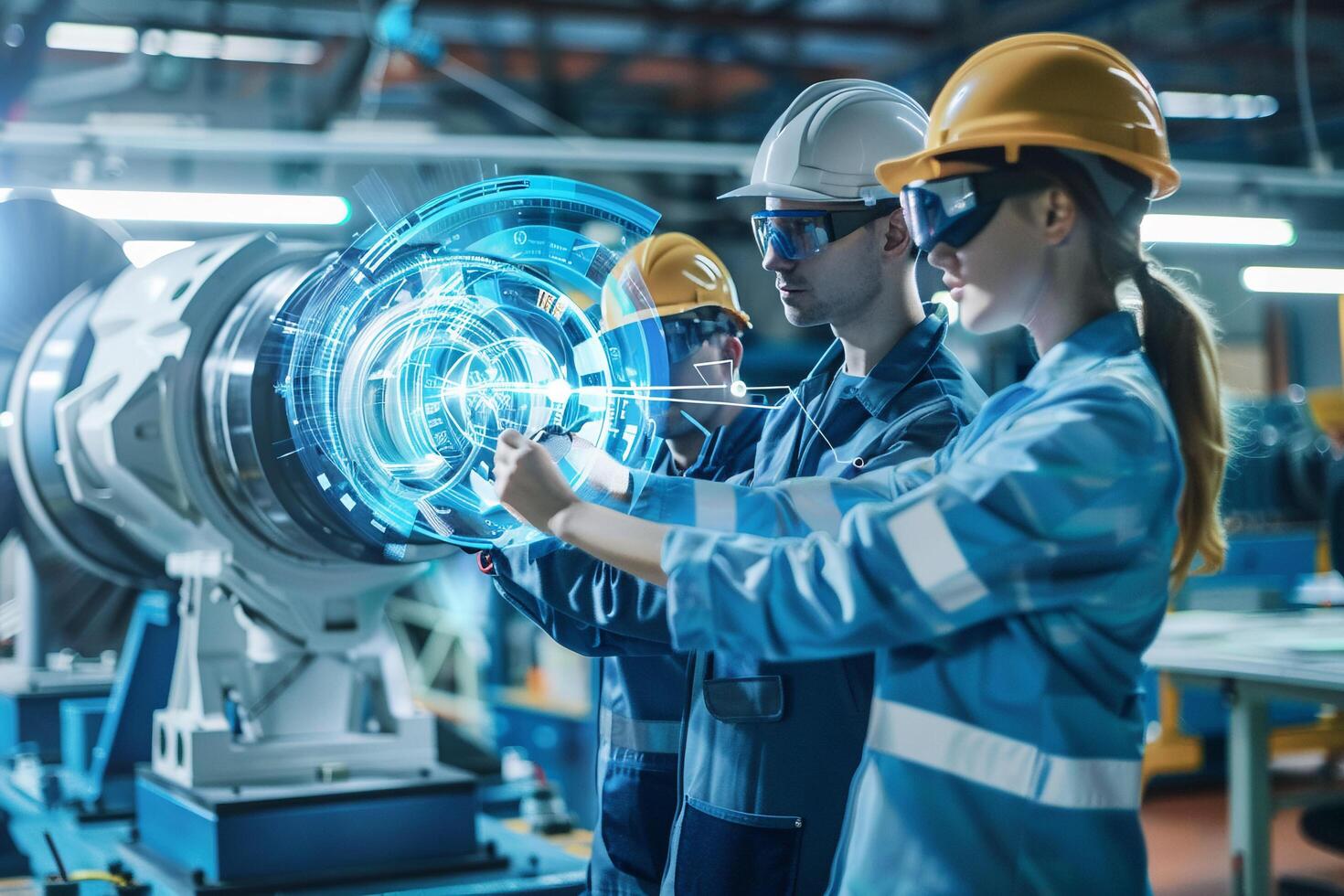 ai generado hembra ingenieros inspeccionando maquinaria en industrial planta con ai generado. foto