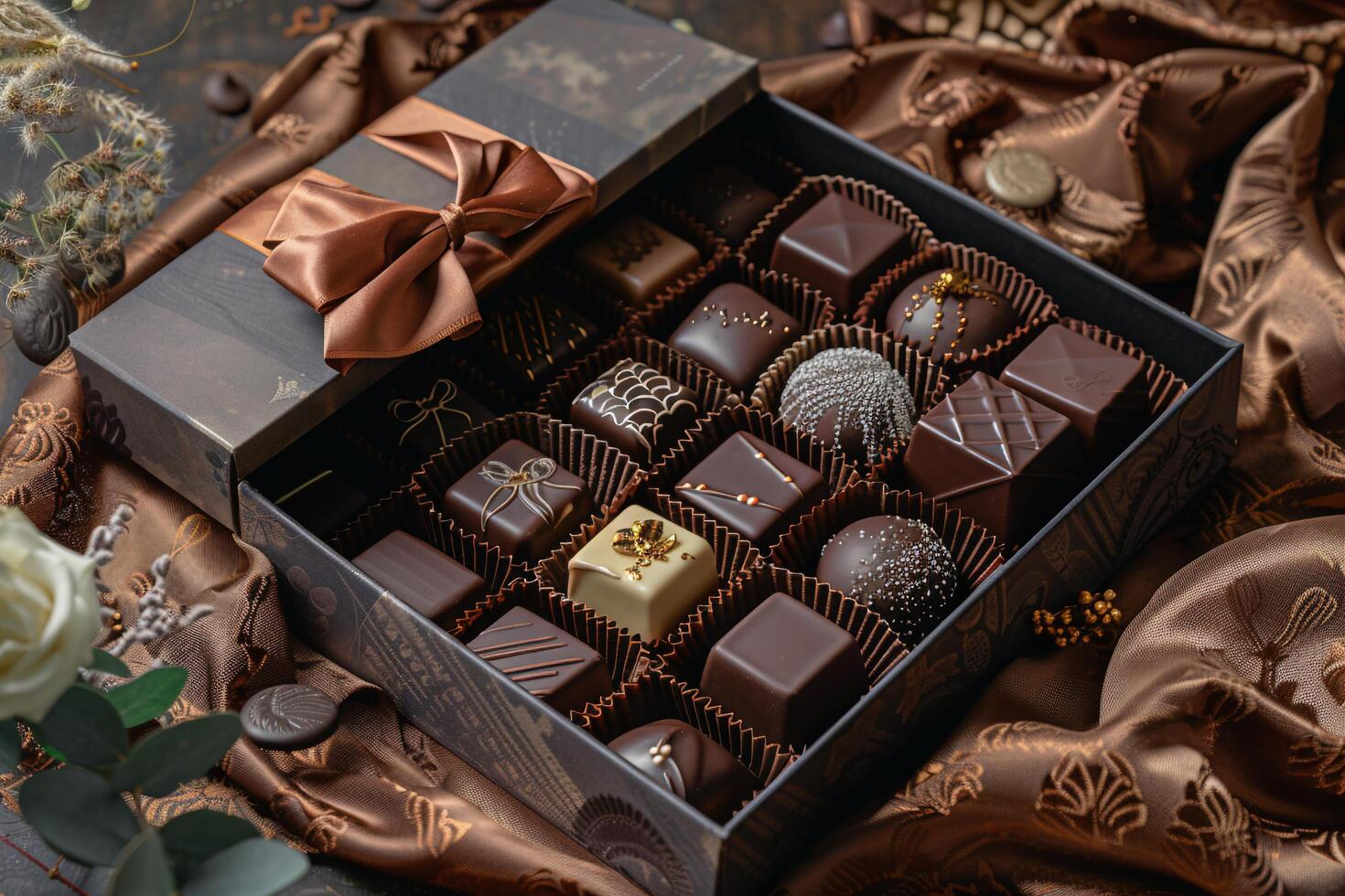 ai generado elegante clasificado chocolates en lujo caja con ai generado. foto