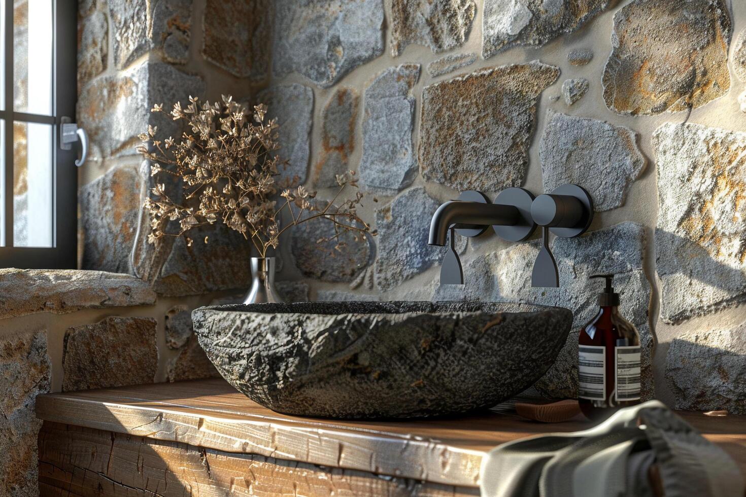 AI generated Modern Stone Basin with Stainless Steel Faucet with AI generated. photo