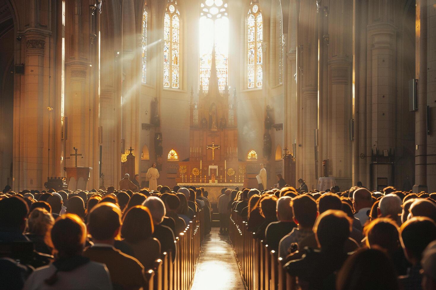 AI generated Sunlight Streaming Through Church During Service with AI generated. photo