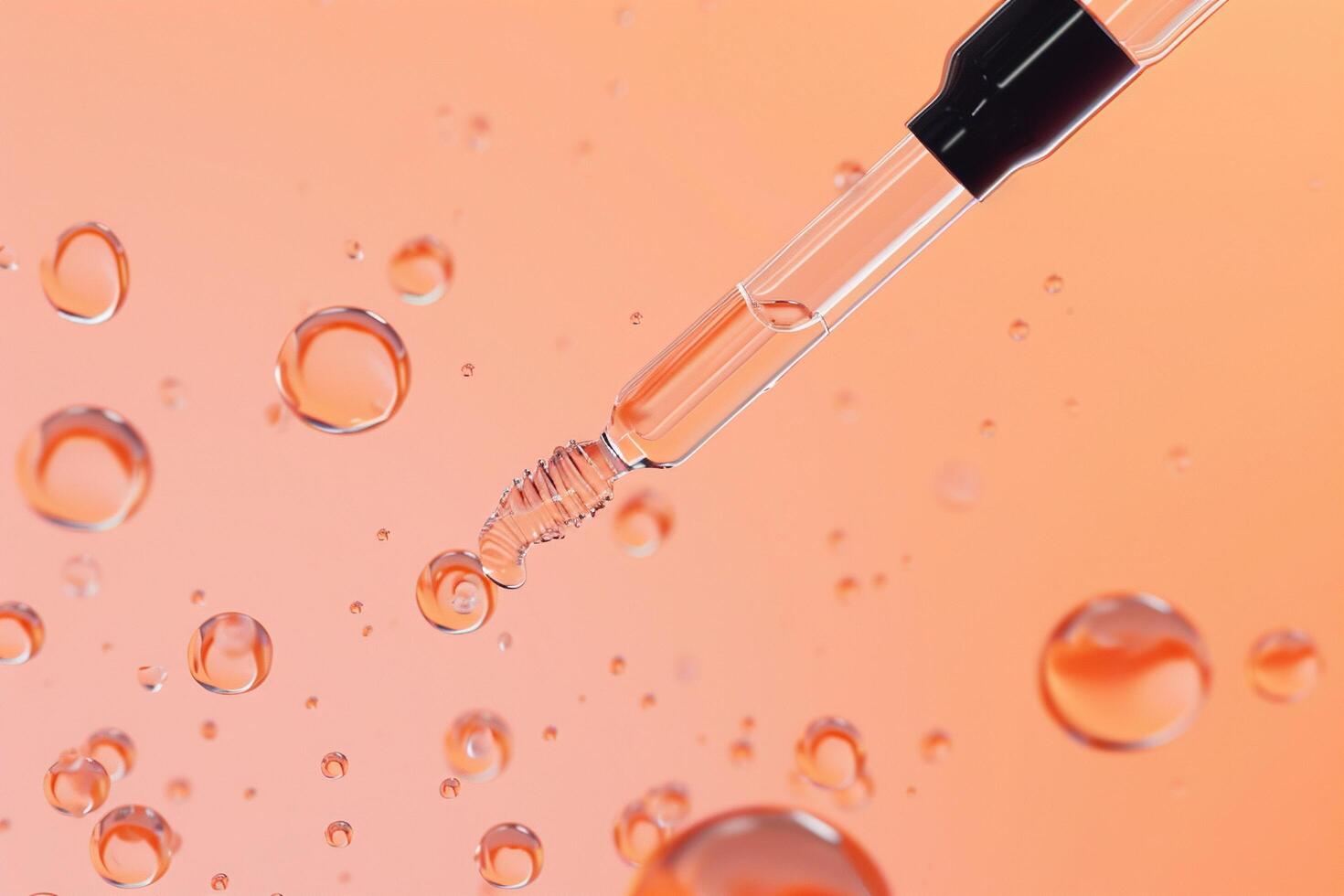 AI generated Pipette with Serum Droplet over Pink Liquid Surface with AI generated. photo