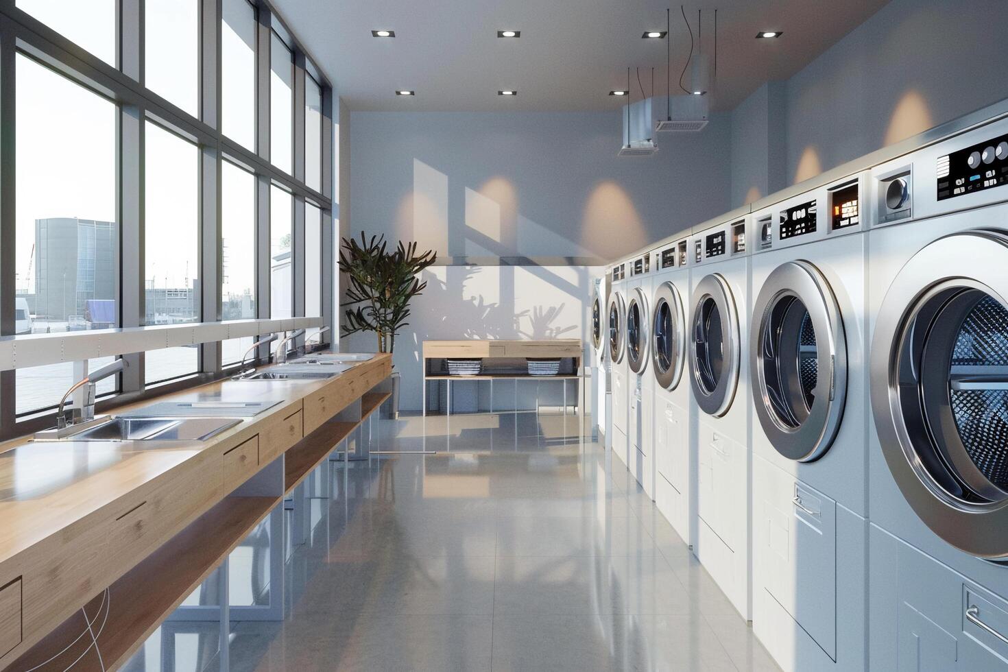 AI generated Modern Laundromat with Row of Washing Machines with AI generated. photo