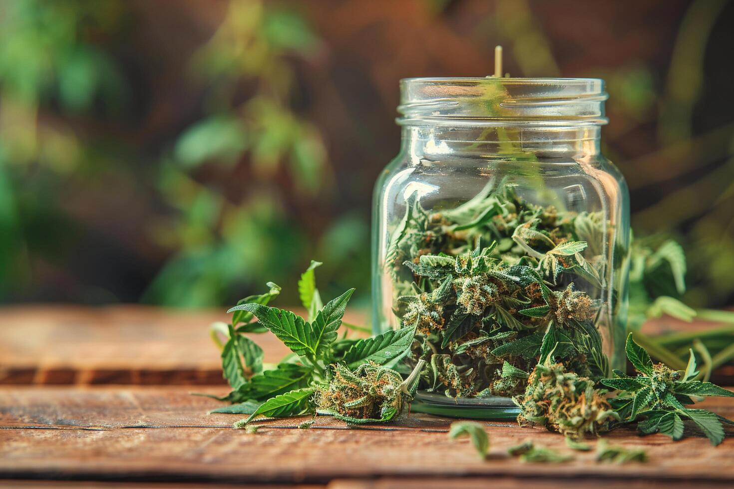 AI generated Cannabis Buds in Jar Closeup with Fresh Leaves photo