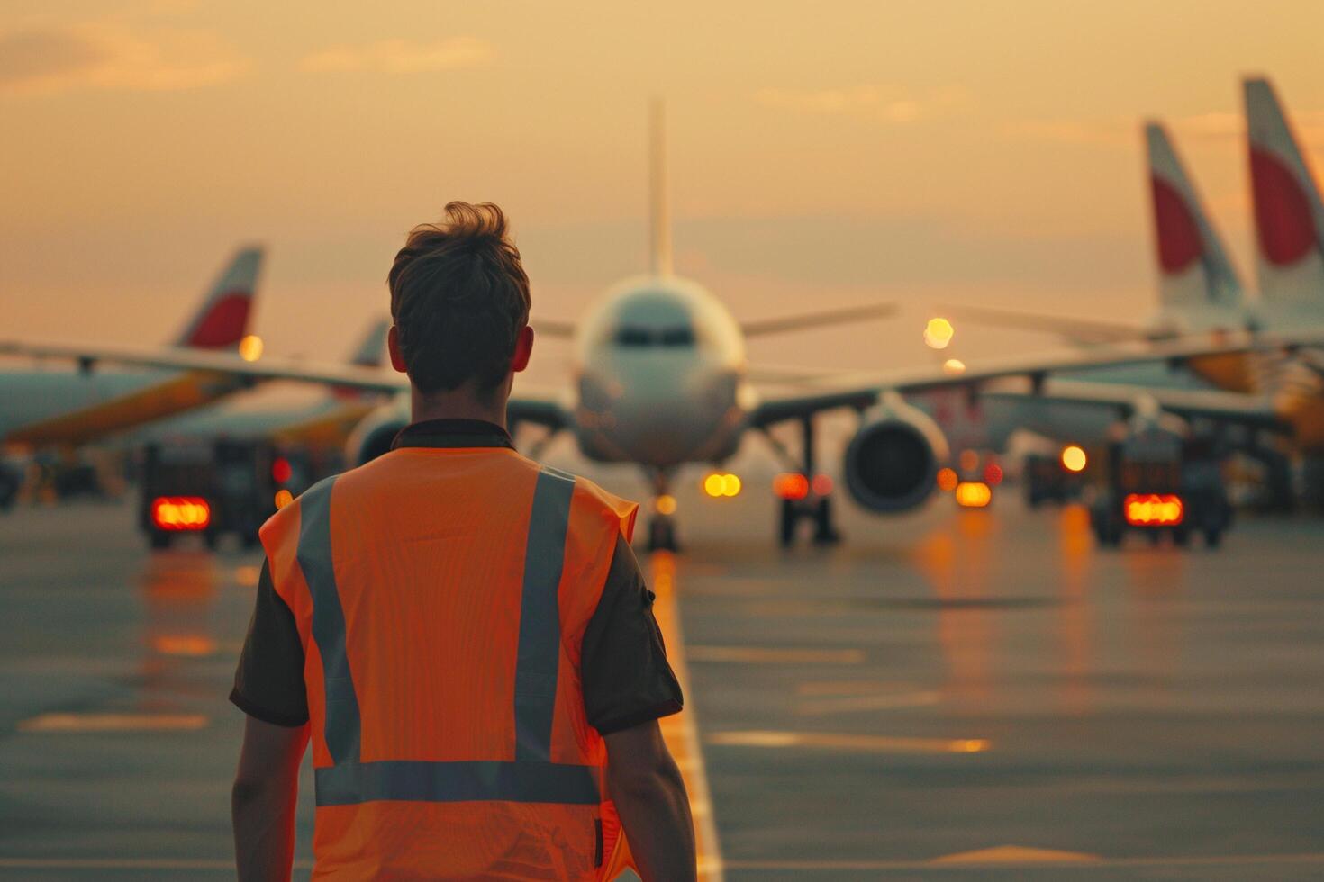 AI generated Ground Crew Overseeing Airport Operations at Sunset with AI generated. photo