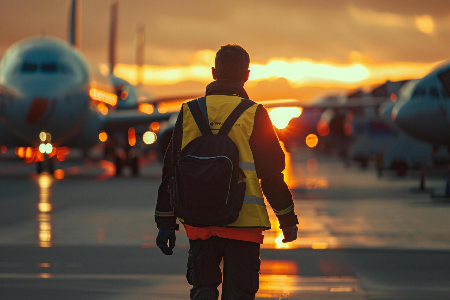 AI generated Ground Crew Overseeing Airport Operations at Sunset with AI generated. photo