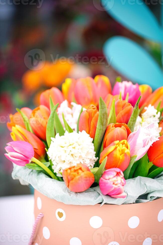 Colorful Flower Bouquet in Polka Dot Vase photo