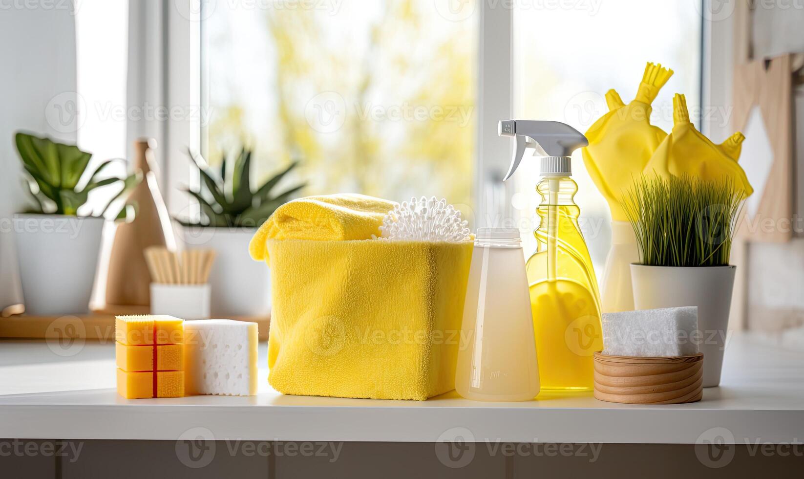 AI generated Photo of Yellow Cleaning Supplies on a White Countertop