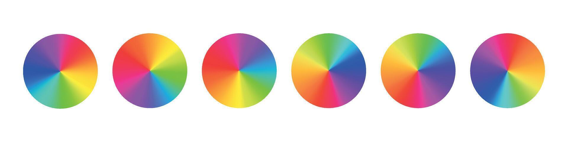 Radial rainbow gradient circular swirl, color spectrum in a vibrant wheel, RGB gradation. Flat vector illustration isolated on white background.