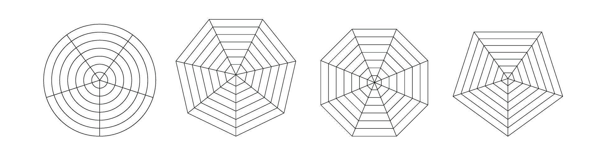 pentágono y hexágono gráfico , para 5 5 punto Radar o araña diagramas para visualizante datos con estructurado grafico acercarse. plano vector ilustración aislado en blanco antecedentes.