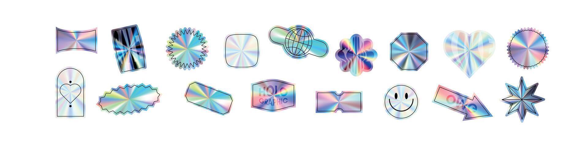 Y2K holographic sticker set hearts with chrome effect. Abstract shapes in hologram style. Flat vector illustration isolated on white background.