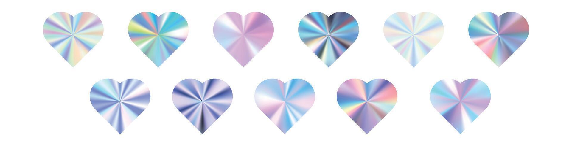 Holographic heart sticker with a silver foil texture, smooth gradation. Aluminum look design hologram. Flat vector illustration isolated on white background.