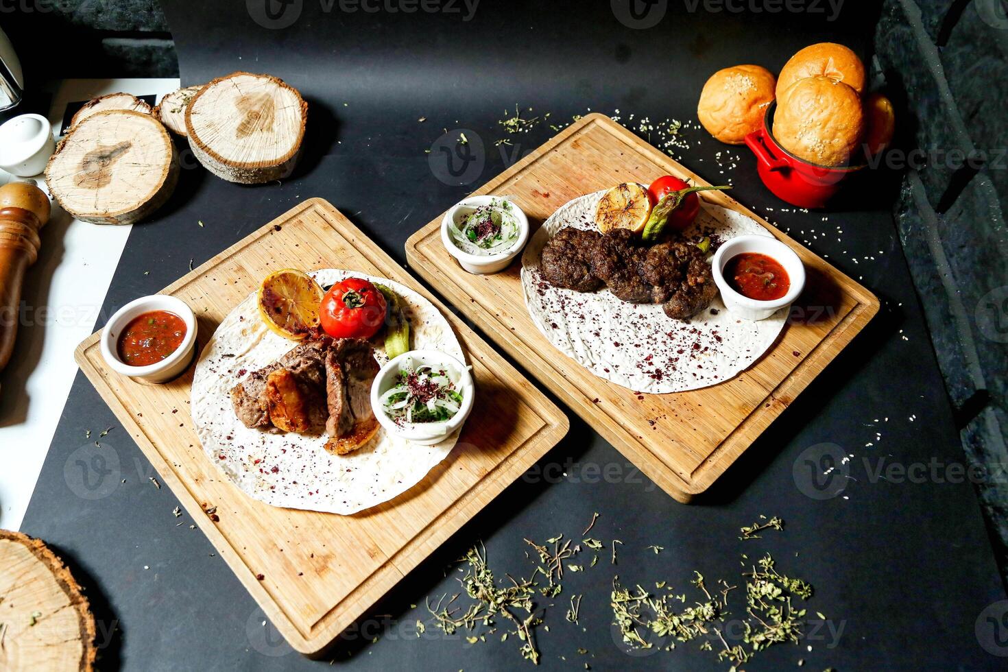 Two Plates of Food on Table photo