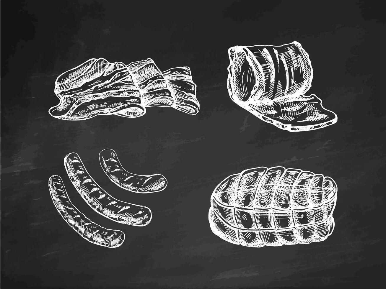 A set of hand-drawn sketches of meat pieces, bacon, ham, pork, sausage. Fresh meat products on chalkboard background. For design of menu, butcher shop. Engraved illustration. vector