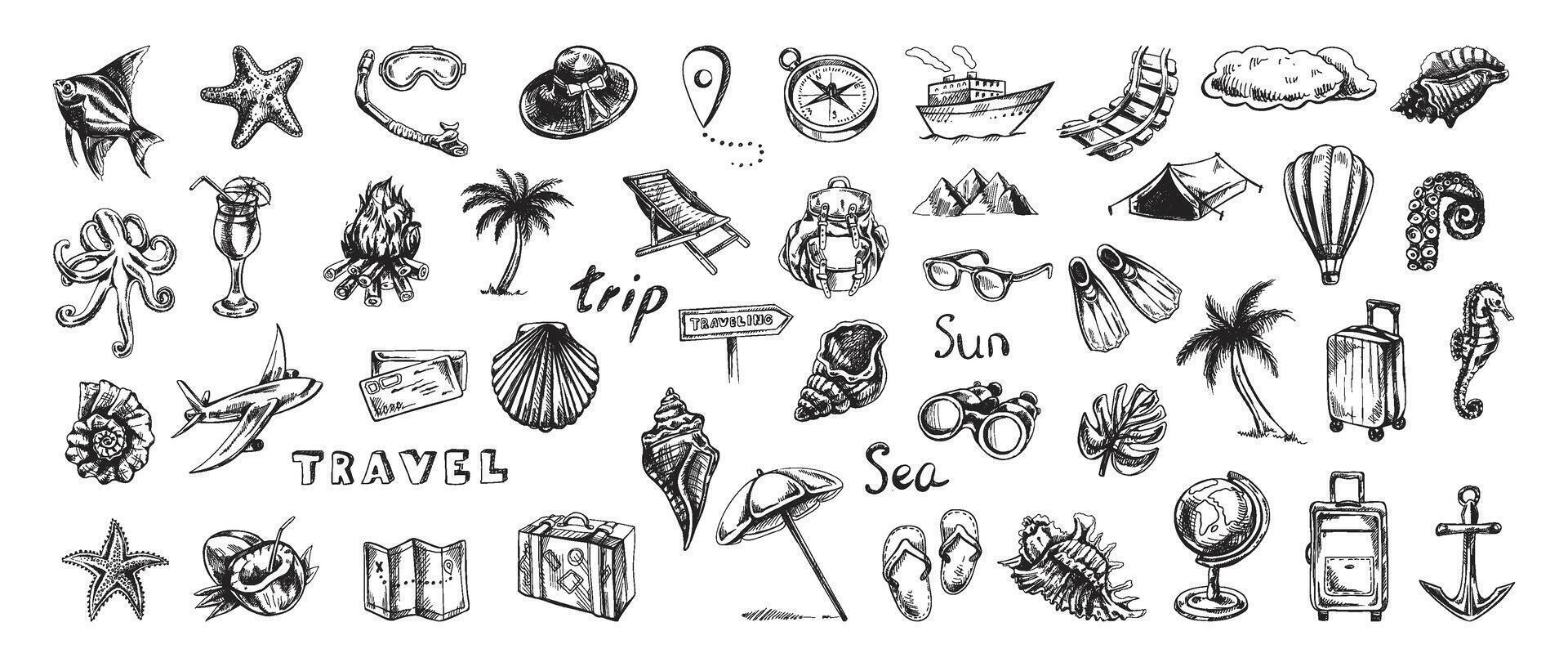 Hand-drawn sketch set of travel icons. Tourism and camping adventure icons. vector