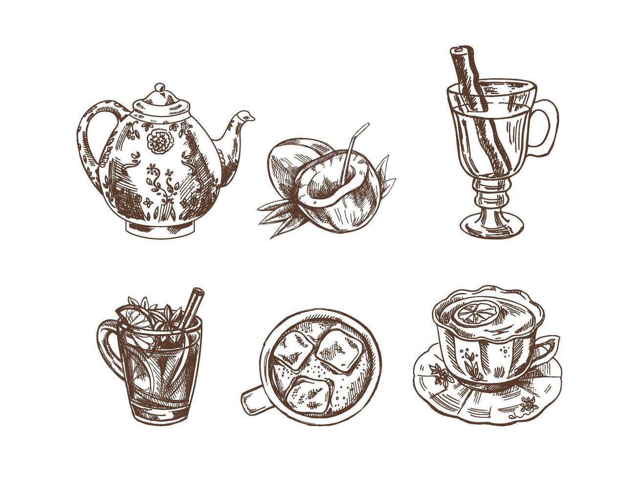 A set of hand-drawn sketches of drinks. Vector illustration in vintage style. Beverages. Good for the menu.