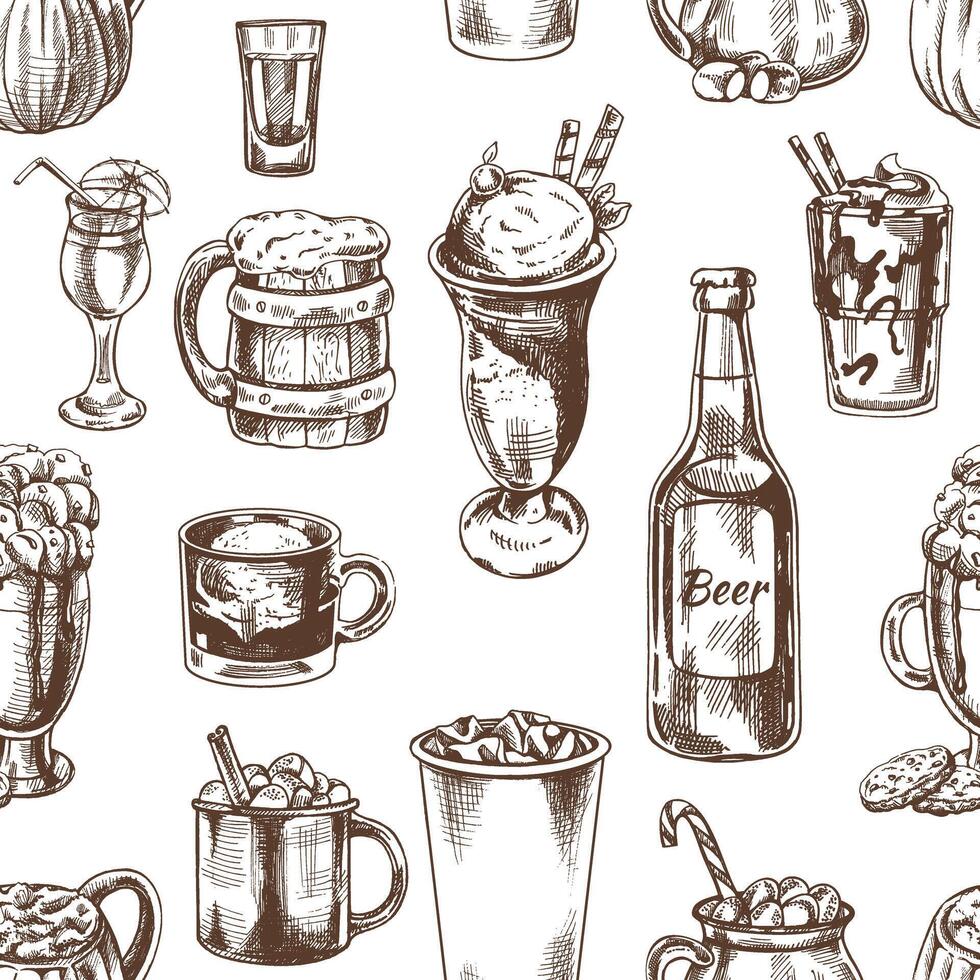 Seamless hand-drawn pattern of different drinks. Vector illustration in vintage style. Beverages. Good for the menu.