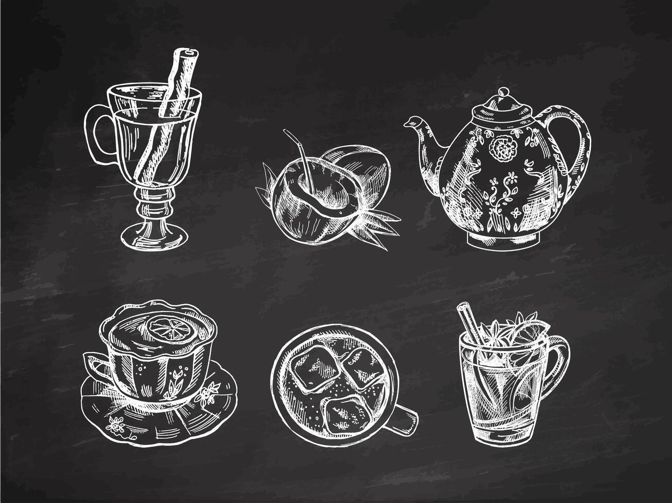 A set of hand-drawn sketches of drinks on chalkboard background. Vector illustration in vintage style. Beverages. Good for the menu.