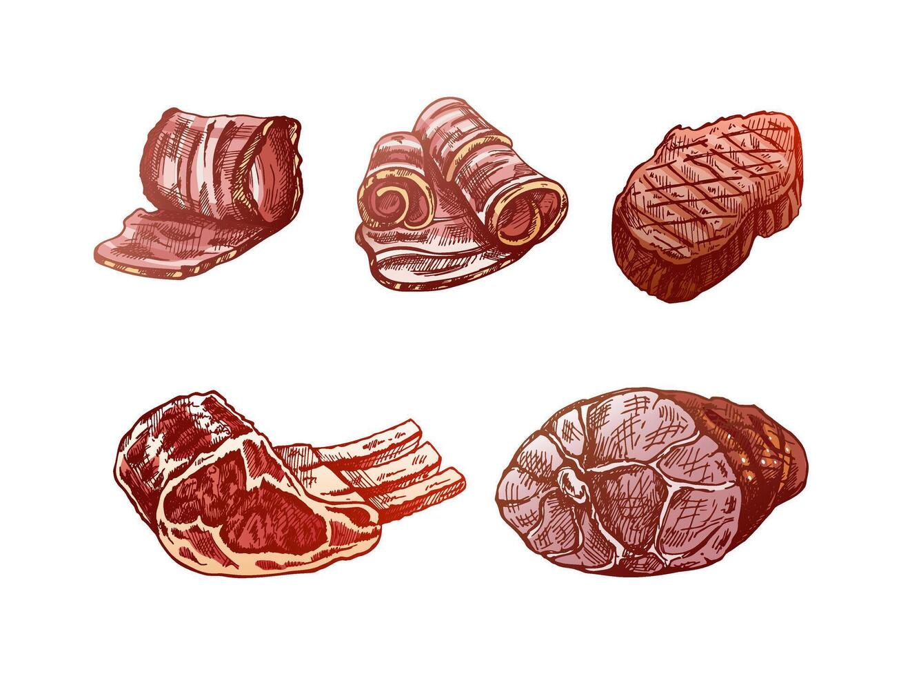 A set of hand-drawn colored sketches of meat pieces, beef steak, ham, pork, bacon, ribs. Fresh meat products. For design of menu for restaurants, butcher shop. Vintage engraved illustration. vector