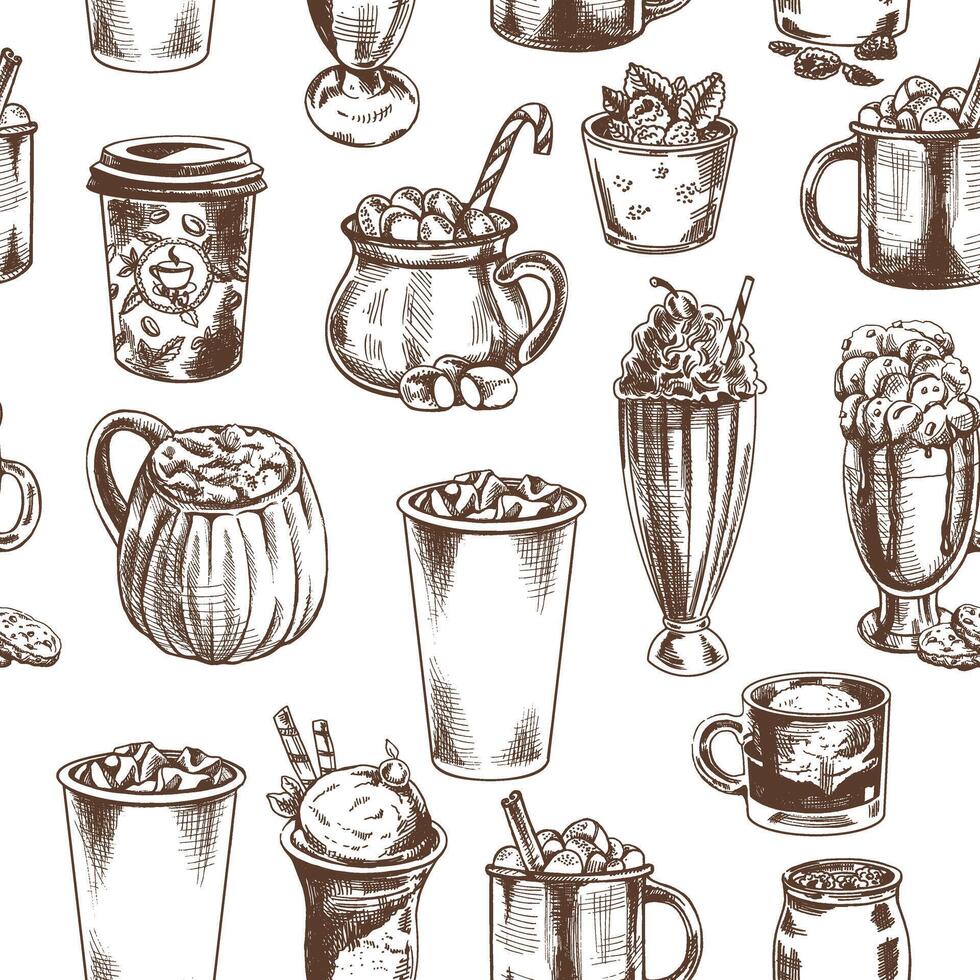 Seamless hand-drawn pattern of cold and hot drinks. Vector illustration in vintage style. Beverages. Good for the menu.