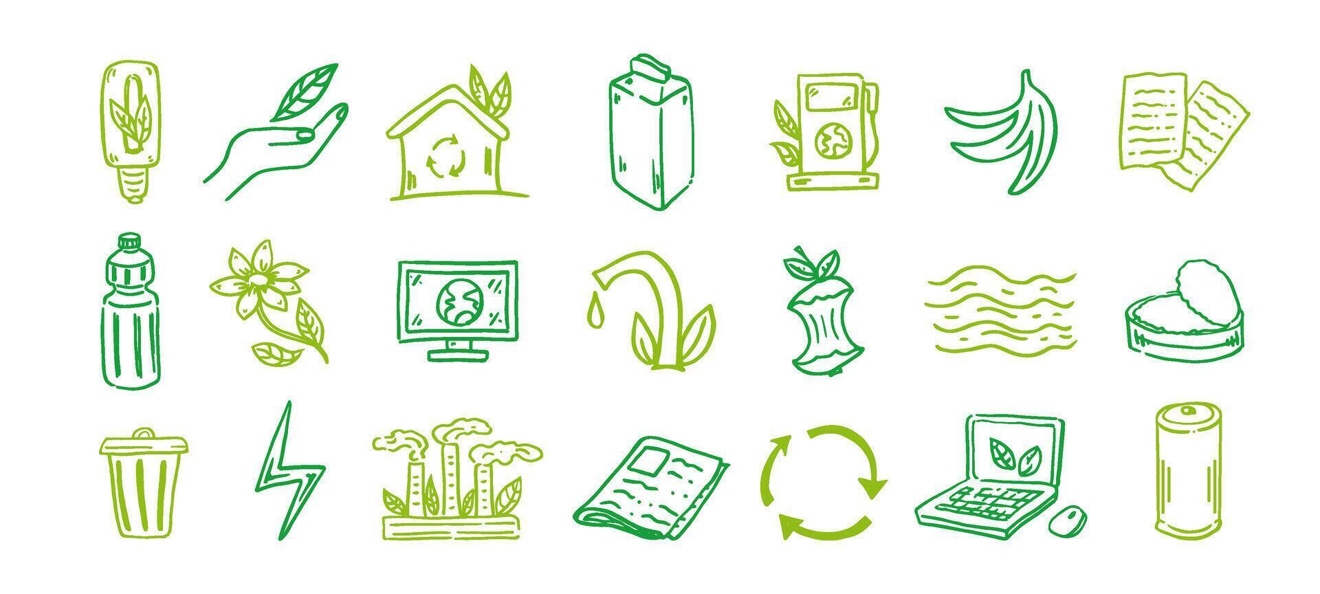 Set of ecology. Hand-drawn doodle vector illustration. Ecology problem, recycling and green energy icons. Environmental symbols.
