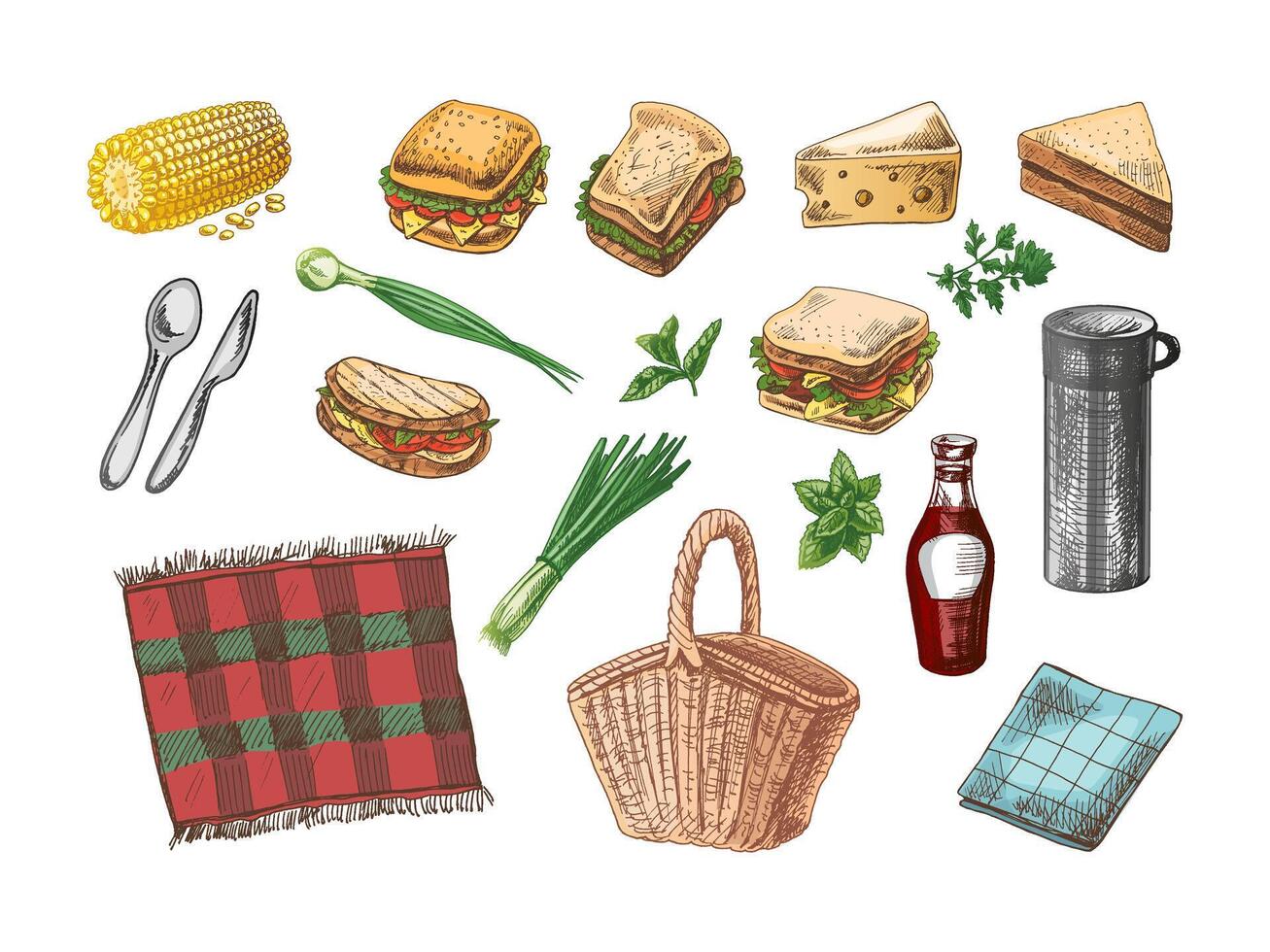 Set of hand-drawn colored sketches of barbecue and picnic elements. For the design of the menu of restaurants and cafes, grilled food. Doodle vintage illustration. Engraved image. vector