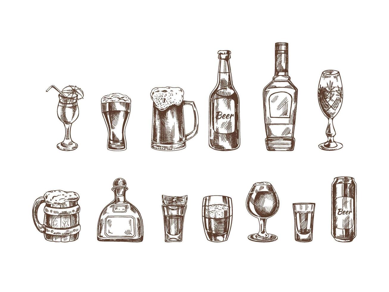 A set of hand-drawn sketches of alcohol drinks. Vector illustration in vintage style. Beverages. Good for the menu.