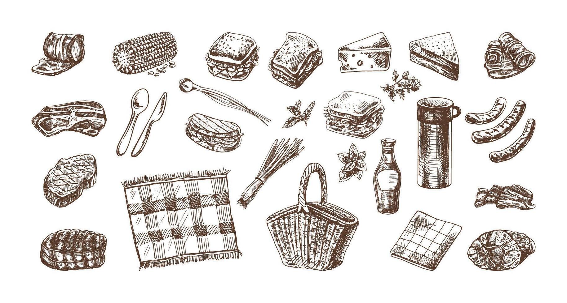 A set of hand-drawn sketches of barbecue and picnic elements. For the design of the menu of restaurants and cafes, grilled food, meat. Doodle vintage illustration. Engraved image. vector