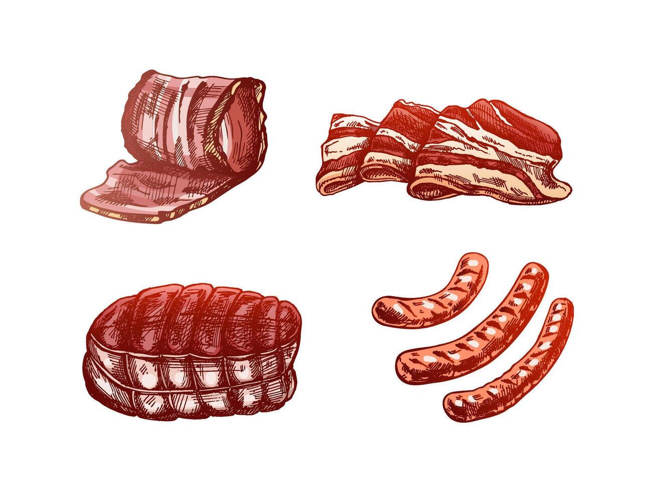 A set of hand-drawn colored sketches of meat pieces, bacon, ham, pork, sausage. Fresh meat products. For design of menu for restaurants, butcher shop. Vintage engraved illustration. vector