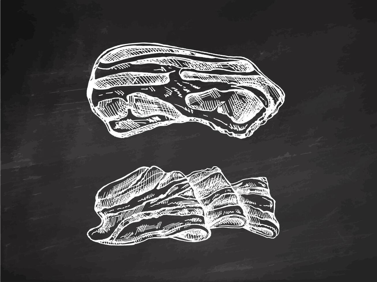 Hand-drawn vector sketch set of bacon, hamon or pork meat, ham slices on chalkboard background. Italian prosciutto vintage sketch. Butcher shop. Engraved image.