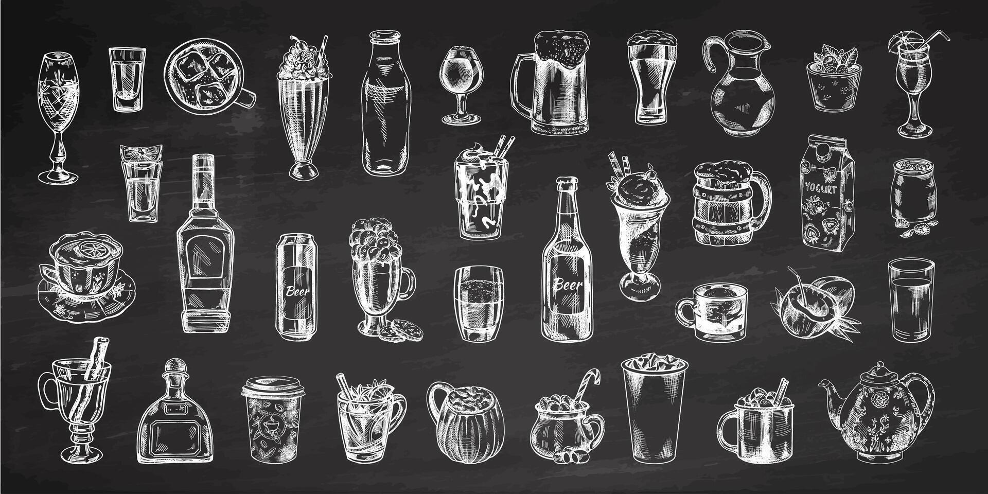 A set of hand-drawn sketches of drinks on chalkboard background. Vector illustration in vintage style. Beverages. Good for the menu.