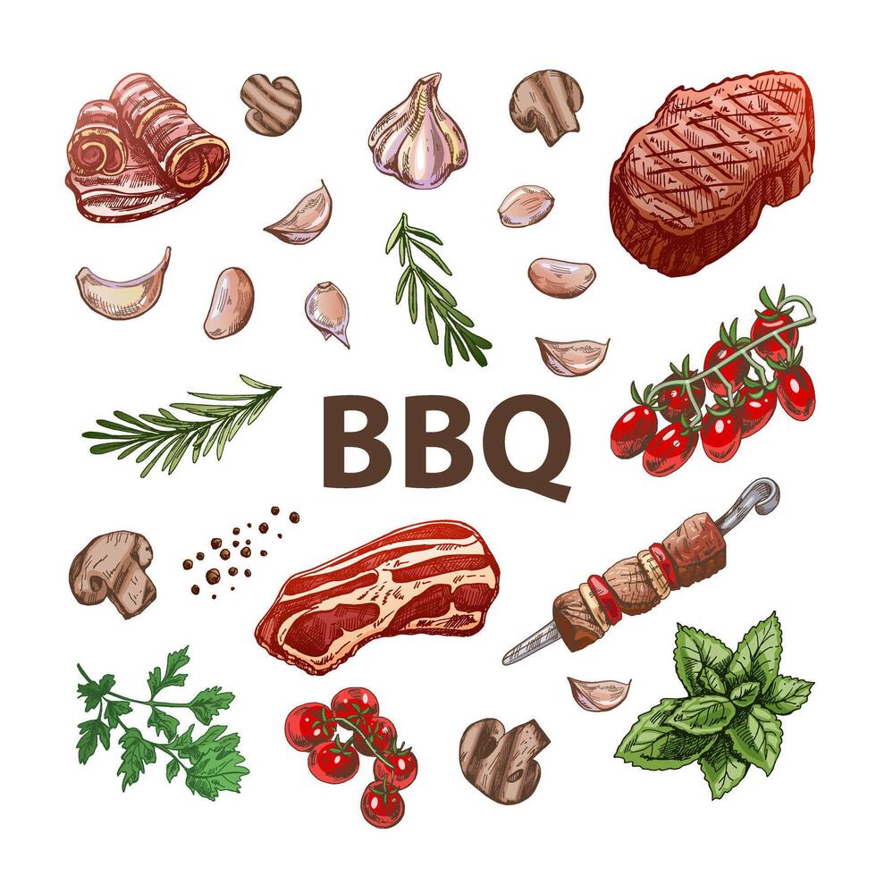 Set of hand-drawn colored sketches of barbecue elements. For the design of the menu of restaurants and cafes, grilled food. Doodle vintage illustration. Engraved image. vector