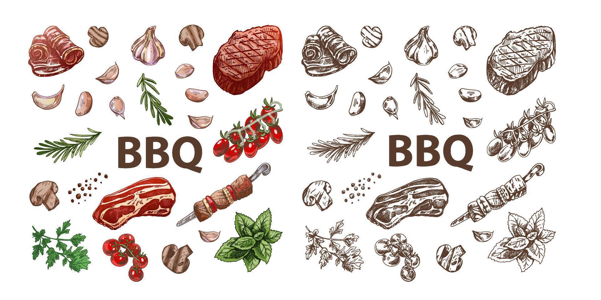 Set of hand-drawn colored and monochrome sketches of barbecue elements. For the design of the menu of restaurants and cafes, grilled food. Doodle vintage illustration. Engraved image. vector