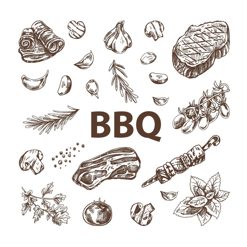 Set of hand-drawn sketches of barbecue elements. For the design of the menu of restaurants and cafes, grilled food. Doodle vintage illustration. Engraved image. vector