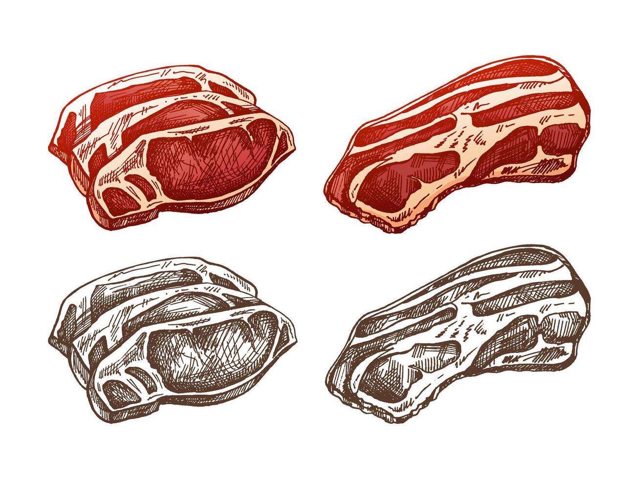 Organic food. Hand-drawn colored and monochrome  vector sketch of grilled beef steak, pieces of meat. Doodle vintage illustration. Decorations for the menu of cafes and labels. Engraved image.