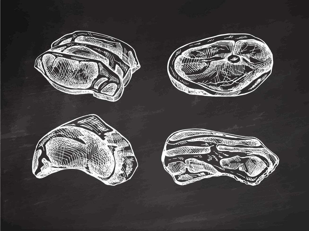 Hand-drawn sketches of pieces of meat, pork or beef steak, chop meat, bacon, piece of meat cuts, vector illustration. Raw meat. Vintage illustration on chalkboard background. Decorations for menu.