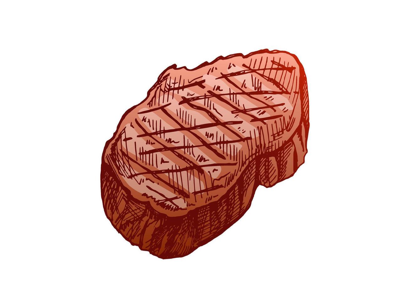 Organic food. Hand-drawn colored vector sketch of ribeye steak, beef steak, piece of meat. Doodle vintage illustration. Decorations for the menu of cafes and labels. Engraved image.