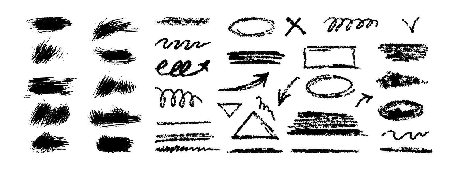 Hand-drawn underlining elements, brush with crayon effect, chalk texture. Chalk stroke for highlighting. Vector illustration in children's style. Crayon brush colored underline.