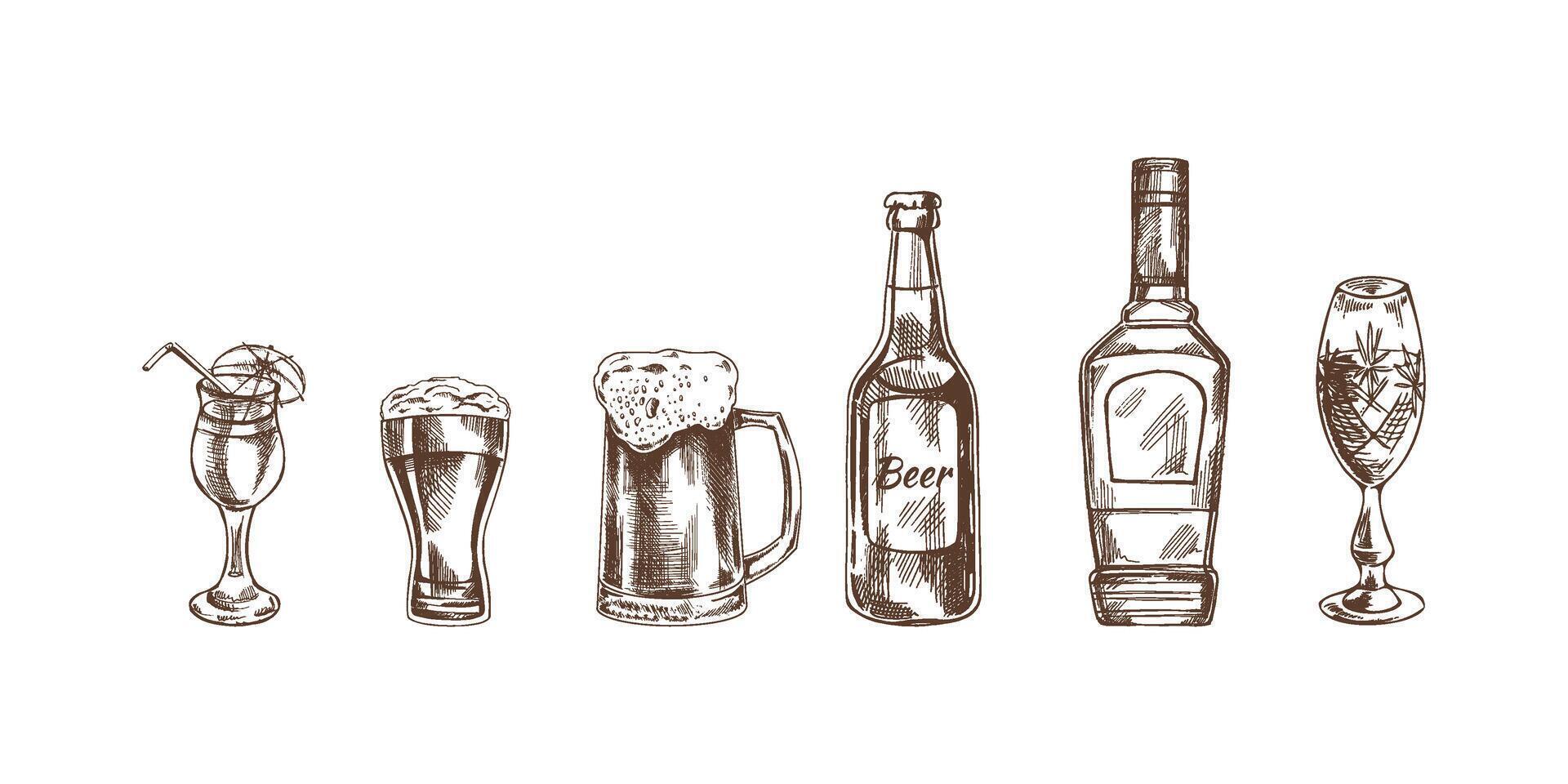 A set of hand-drawn sketches of alcohol drinks. Vector illustration in vintage style. Beverages. Good for the menu.
