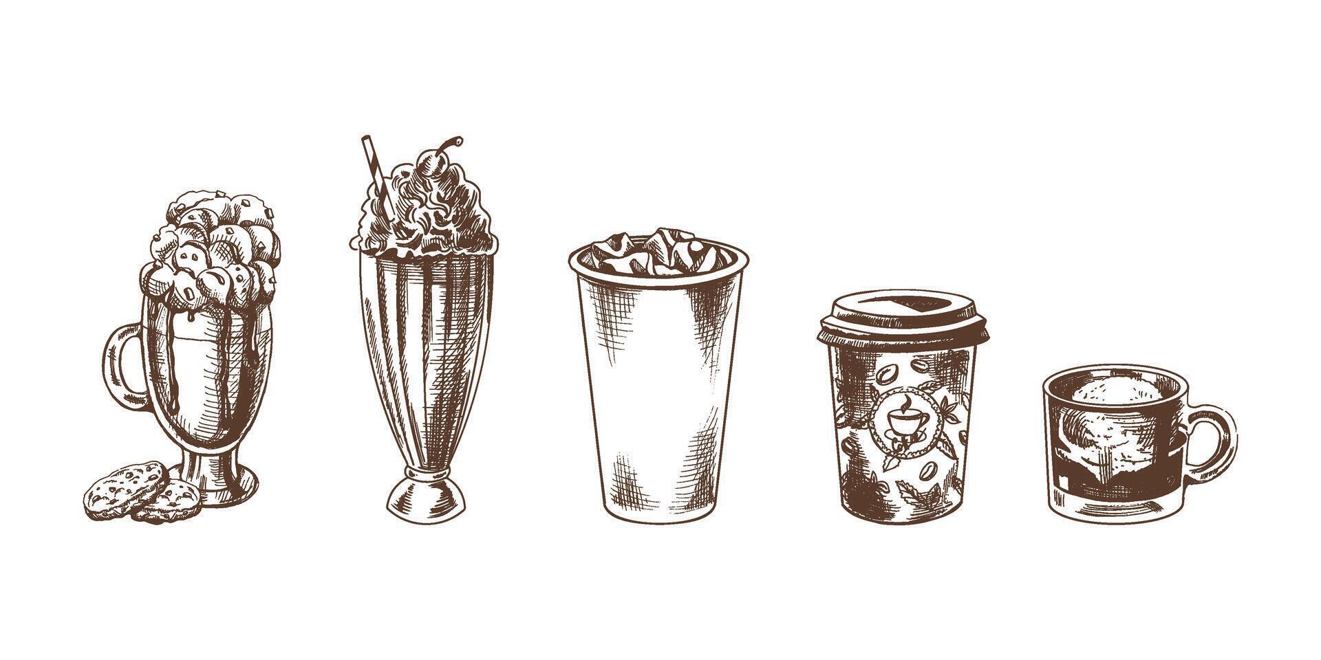 A set of hand-drawn sketches of cold and hot drinks. Vector illustration in vintage style. Beverages. Good for the menu.